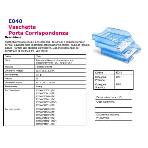 Vaschetta portacorrispondenza FELLOWES Modula polistirolo azzurro 26x34,5x6,5 cm - E040AZ